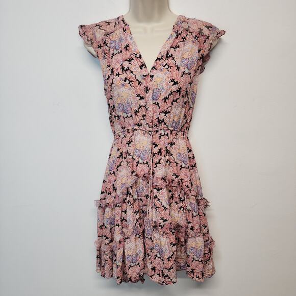 Lie Dresses & Skirts - Lie Floral Tiered Flutter Sleeve Babydoll Dress Size 4 100% Silk Raw Hem Cottage